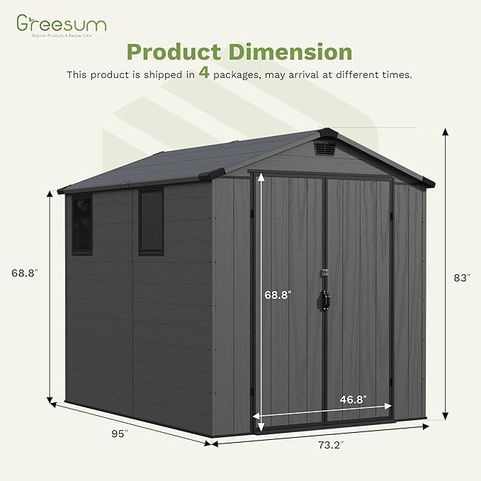 Greesum 6x8FT Plastic Outdoor Storage Shed with Floor, Resin Sheds with Lockable Double Door, Tool Sheds with Window and Vents, for Garden, Backyard, Patio, Dark Gray