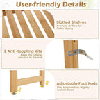 Tangkula Bamboo Over The Toilet Storage, 3-Tier Over Toilet Organizer Rack with 5-Position Adjustable Shelves, 3 Hooks, Adjustable Bottom Bar, Laundry Room Shelf, 28.5" Wide Bathroom Space Saver