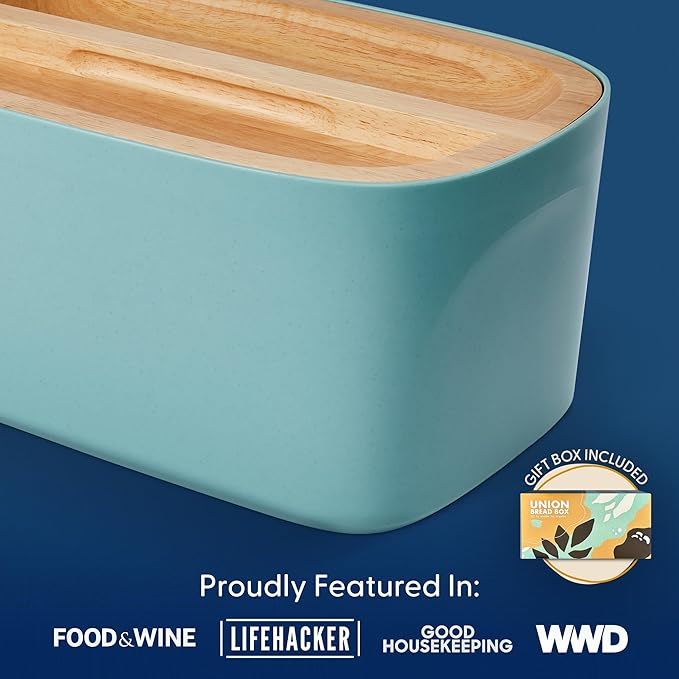 Sonder Los Angeles Union Large Bread Box | Fits Full Sourdough Loaves and More | Breadbox with Cutting Board | Homemade Bread Bin Storage Container | 14.25x9.25x7 in | Blue Green