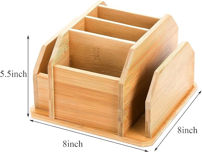 yarlung Bamboo Rotating Remote Control Holder for Table, 7 Compartments Office Supplies Organizer 360° Spinning Desktop Storage Caddy for Pen, Colored Pencil, Book Sewer, Sticky Notes