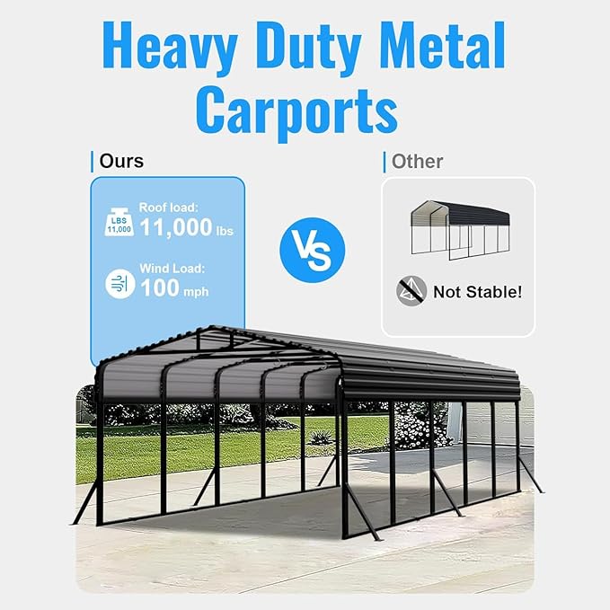 12x25FT Metal Carport, Extended Heavy Duty Carport with Reinforced Frame & Side Support Poles for All-Weather, Large Car Port for Pickup Trucks, Boats, Cars & Tractors