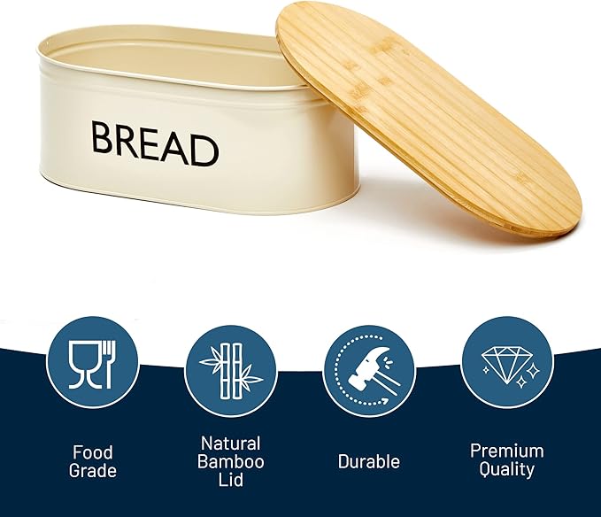 RoyalHouse Premium Metal Bread Box with Bamboo Lid, Stainless Steel Large Bread Bin Storage Container And Organizer for Kitchen Countertop, Vintage Style Kitchen Decor