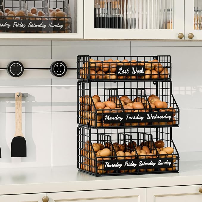 Egg Holder Countertop with Dividers & Labels, 3 Tier Stackable Chicken Egg Holder Egg Baskets for Gathering Fresh Eggs, Egg Organizer for Egg Storage, Wall-Mounted, Black