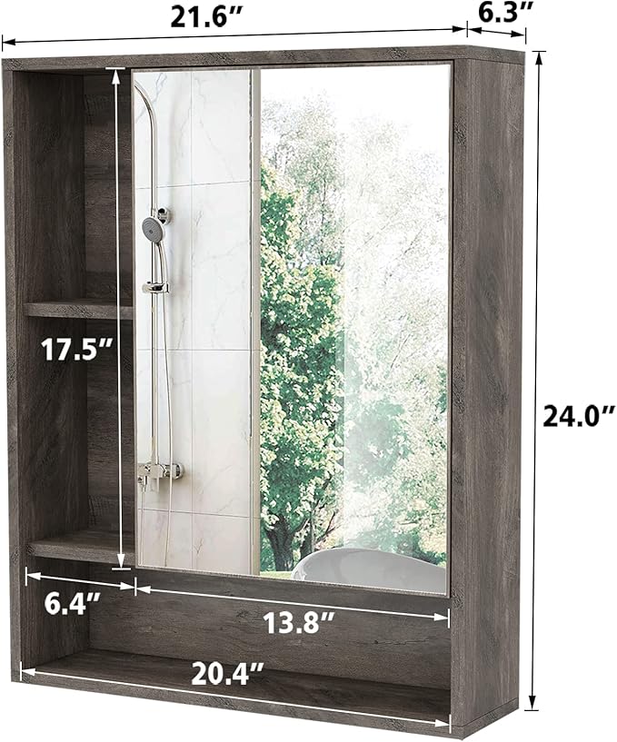ChooChoo Bathroom Wall Mirror Cabinet, Medicine Cabinet with Single Door and Adjustable Shelf, Over The Toilet Space Saver Storage Cabinet, Grey