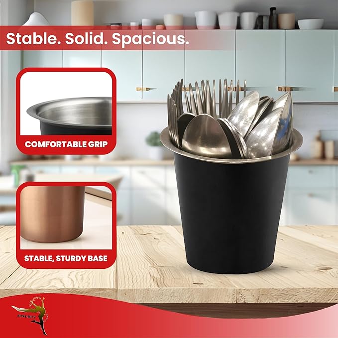 Stainless Steel Solid Flatware Utensils Holder, Caddy, Crock, Cylinder Cutlery Organizer for Kitchen Countertop (Matte Black)