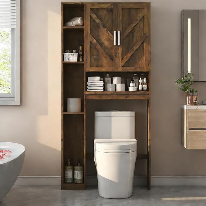 Over The Toilet Storage Cabinet with 7 Storage Shelves, Above Toilet Bathroom Organizer with Toilet Paper Holder Stand, Behind Toilet Cabinet, Space Saver for Restroom, Bathroom, Laundry, Brown