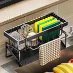 Black Kitchen Sink Sponge Holder with Automatic Drainage Tray,Rust Proof Stainless Steel Kitchen Sponge Storage,Self Draining Dishwashing Soap Sponge Rack Suitable for Counters