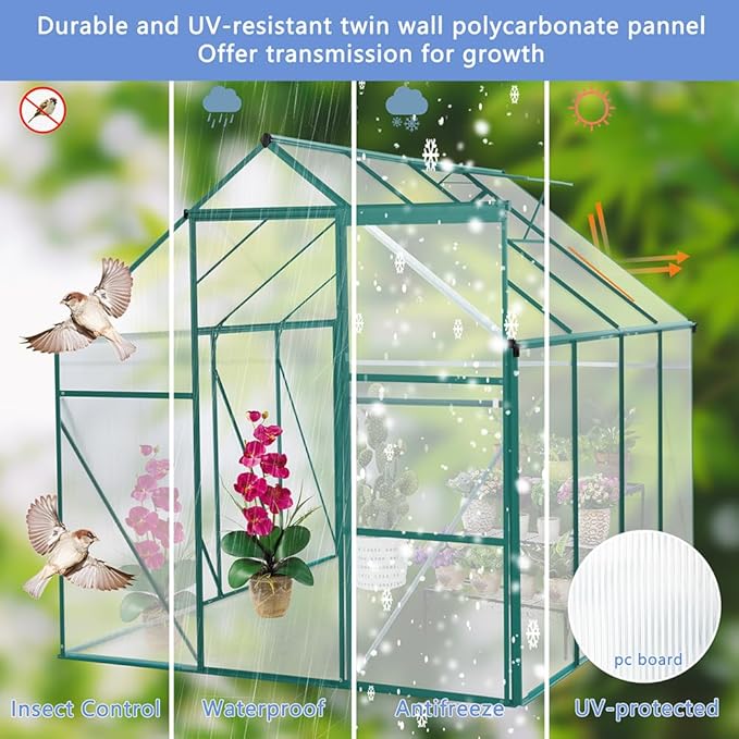 Polycarbonate Greenhouse with Rain Gutter and Roof Vent, Raised Base and Anchor Aluminum Heavy Duty Walk-in Green House, Outdoor Patio Sunroom with Sliding Door (Green, 98.43*74.8*76.77in)