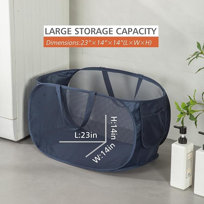 HONOMA Sturdy Mesh Laundry Hamper Basket Bag,Pop up Basket with Side Pocket for Laundry Room, Bathroom, Kids Room, College Dorm or Travel (Pop Horizontal, Emerald)