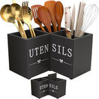 Natheeph Utensil Holder, Kitchen Utensil Holder for Counter, Extra Large Utensil Holder w/ 3-Compartment, Farmhouse Black Utensil Holder with Well-made Wood for Corner Organizer, Housewarming Gift