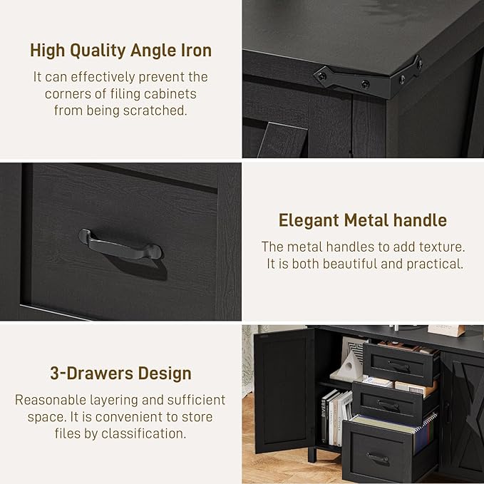 3 Drawer File Cabinet, Farmhouse Lateral Filing Cabinet with Doors Fits Letter or A4 Size, Wooden Printer Stand with Open Storage Adjustable Shelf for Home Office, Rustic Black