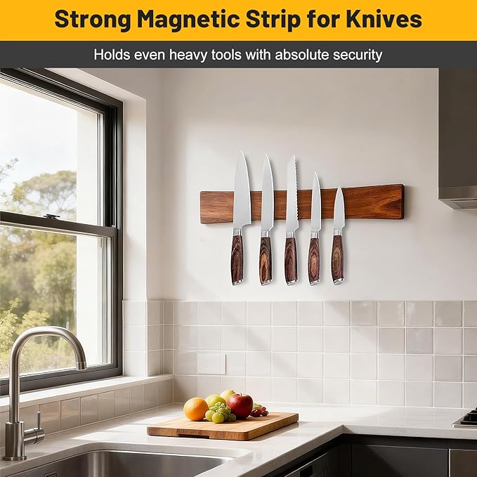 Knife Magnetic Strip, Acacia Wood Magnetic Knife Holder for Wall Mount Fridge Refrigerator, Knives Magnet Bar Tool Utensils RV Utensil Holder Metal Kitchen Rack Holder Organizer Accessories 10 Inch