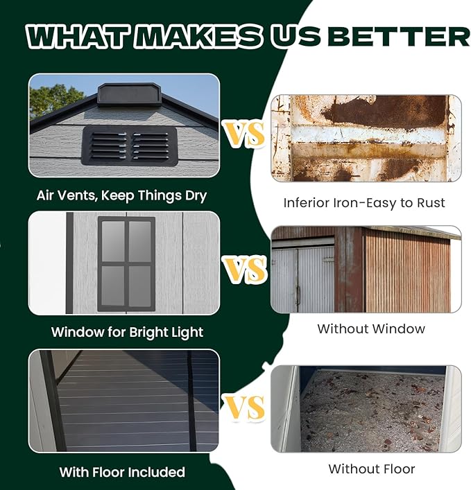 8 x 12 FT Resin Outdoor Storage Shed, All-Weather Plastic Garden Shed with Floor, Lockable Doors & Windows, Plastic Tool Shed for Poolside, Backyard, Patio