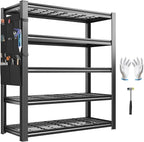 REIBII 5-Tier Storage Shelves,38.2" W Heavy Duty Garage Shelving Load 2500LBS,Metal Shelving Units with Tool Storage Bag, Adjustable Wire Shelving Industrial for Basement,66" H x16 D,Black