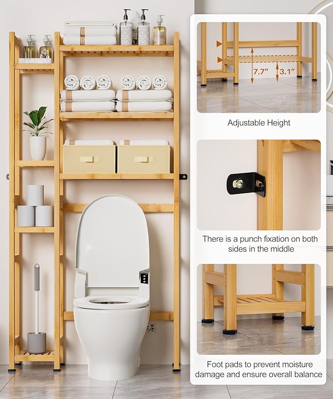Homde Over The Toilet Storage with Basket and Drawer, Bamboo Bathroom Organizer with Adjustable Shelf & Waterproof Feet Pad, Space Saver Rack for Restroom, Laundry,Natural
