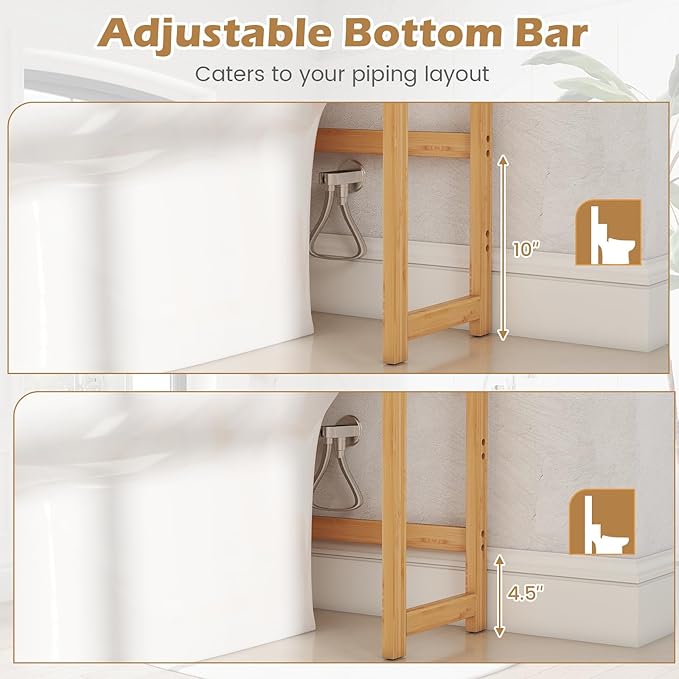 Tangkula Bamboo Over The Toilet Storage, 3-Tier Over Toilet Organizer Rack with 5-Position Adjustable Shelves, 3 Hooks, Adjustable Bottom Bar, Laundry Room Shelf, 28.5" Wide Bathroom Space Saver
