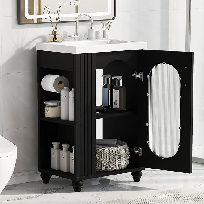 20" Small Bathroom Vanity with Sink and Glass Door,Storage Shelf & Toilet Paper Holder,Solid Wood & MDF Modern Single Bathroom Sink Cabinet with Glass Door Freestanding,Black