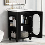 20" Small Bathroom Vanity with Sink and Glass Door,Storage Shelf & Toilet Paper Holder,Solid Wood & MDF Modern Single Bathroom Sink Cabinet with Glass Door Freestanding,Black