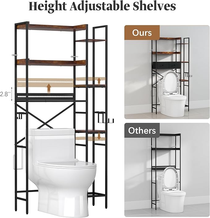 Over The Toilet Storage Shelf with Drawer, 7-Tier Above Toilet Bathroom Organizer with Adjustable Side Shelves, Space Saver Freestanding Rack with Holder & Hook for Laundry Kitchen (Brown)