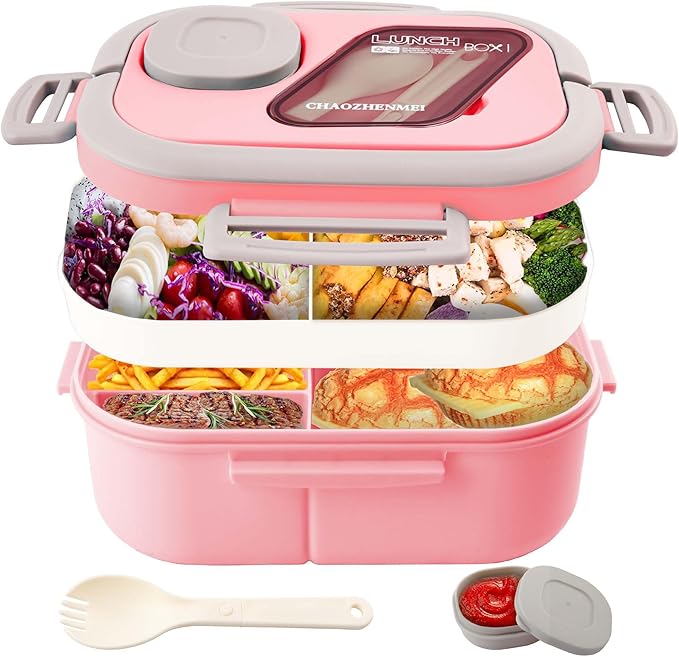 Adults Bento Lunch Box,Salad Container Large 43oz Salad Bowl, Bento-Style Tray for Toppings, 3oz Sauce Container for Dressings, and Built-In Reusable Fork (Pink)
