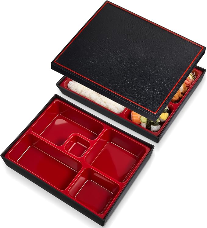 2 Pcs 12 x 9.5 x 2.2 Inch Japanese Lunch Box 5 Compartments Divided Bento Box with Greaseproof Adult Japanese Bento Lunch Container Sushi Home Restaurant