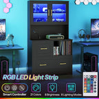 HOOBRO 2 Drawer File Cabinet with Charging Station, LED Lights, and Bookshelf, Farmhouse Filing Cabinet with File Holder Organizer, Fits Letter, Legal, A4 Size, Vertical, for Home Office, Black