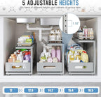 Under Sink Organizer Upgrade To Professional Rails,2-Tier Dual Pull Out Cabinet Storage,Height Adjustable Slide Out Drawers For Bathroom Kitchen,1 Pack-21"Dx12.8"-16.9"H,Gun Gray