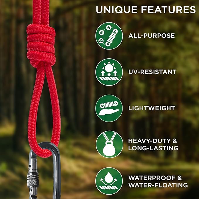TECEUM Rope – 90 Feet x 1/4 Inch (7mm) – Red – Strong All-Purpose Utility Rope – Camping, Crafting, Flag Pole, Indoor & Outdoor – Polypropylene Nylon Poly Lightweight Diamond Braided Cord