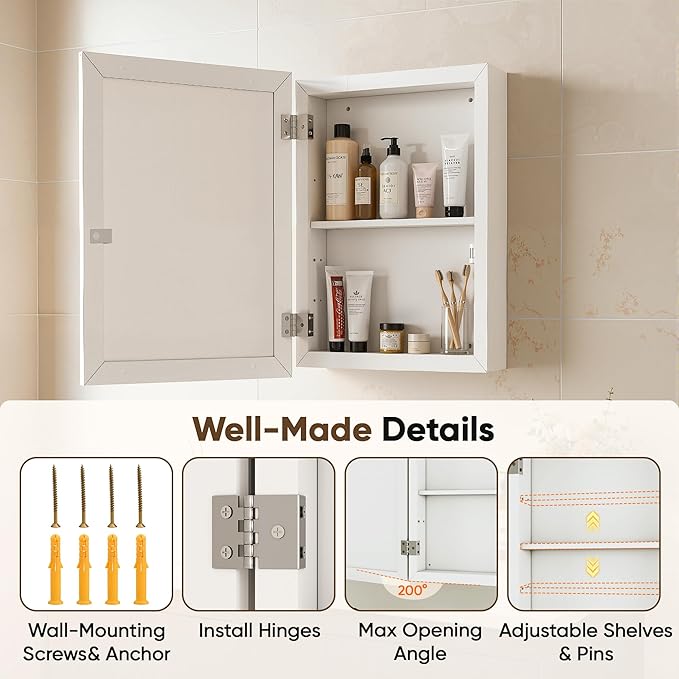 Antok Medicine Cabinet with Mirror 15x19 inch, Wall-Mounted Bathroom Mirrors with Storage Modern, in Recessed Vanity Medicine Cabinets Door Wooden Frame Shelf Surface Mount Over Sink Organizer, White
