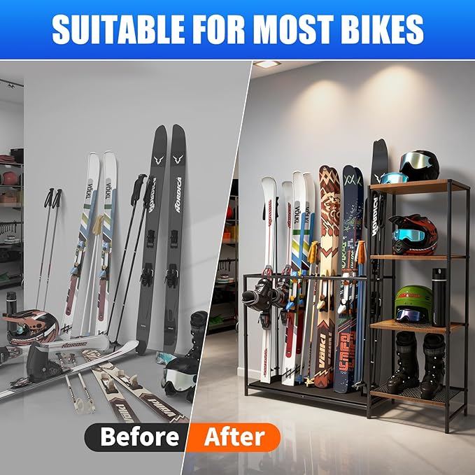 Freestanding Ski Rack, Ski Storage Rack w/Width-Adjustable Bars, Ski & Snowboard Rack Organizer for Garage, Home