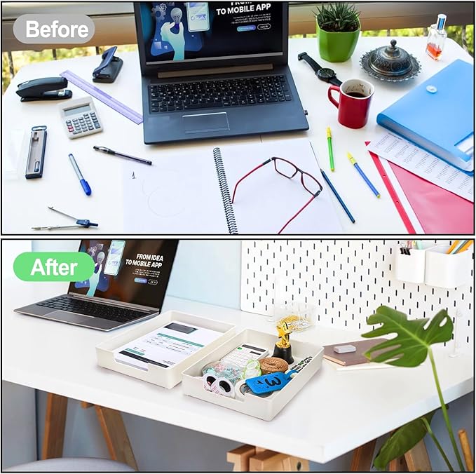 3 Pack Letter Tray, Plastic Stackable A4 Paper Trays, Rectangular Desk Drawer Organizer, File Holder for Desktop, Office Supplies Storage, White