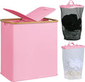 efluky Laundry Hamper with Lid, Double Laundry Hamper with 2 Removable Bags, 2 Section Laundry Basket with Bamboo Handles for Bathroom, Bedroom & Laundry Room (Pink, 140L Dual)