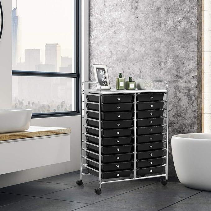 GOFLAME 20-Drawer Rolling Storage Cart, Multifunctional Art Craft Organizer Cart, Mobile Utility Storage Cart with Removable Drawers & Lockable Wheels, Craft Cart for Home Office School, Black