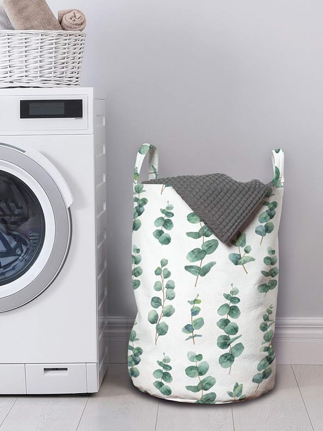 Ambesonne Eucalyptus Laundry Bag, Watercolor Inspired Painting of Forest Leaves and Branches Garden Art, Hamper Basket with Handles Drawstring Closure for Laundromats, 13" x 19", Laurel Green