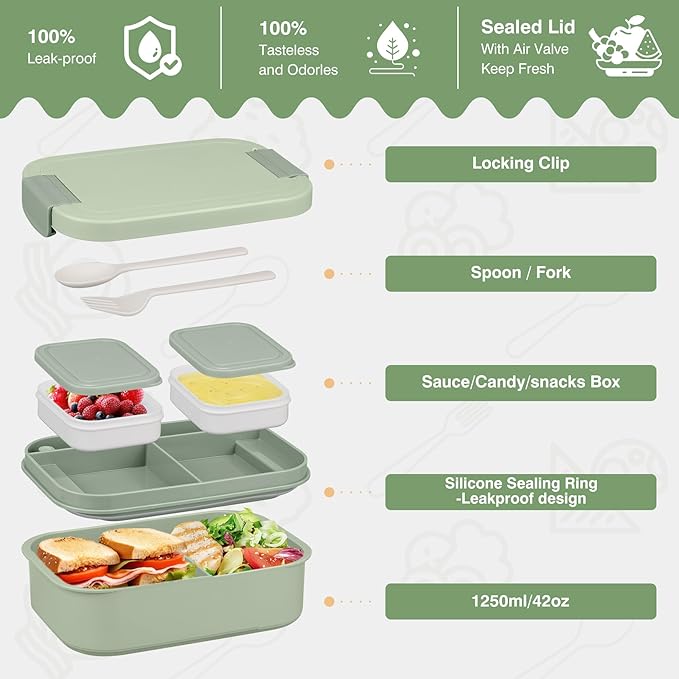 Bento Lunch Box Set with 10.5oz Soup Thermo Food Jar for Adults Kids, Stainless Steel Leak-proof Lunch Container, Coffee Tumbler with Lunch Bag for School Travel Office-Green