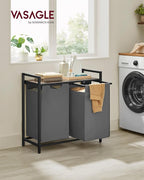 VASAGLE Laundry Hamper, Laundry Basket, Laundry Sorter with 2 Pull-Out and Removable Bags, Shelf, Metal Frame, 2 x 12.1 Gallons (46 L), 28.8 x 13 x 28.4 Inches, Slate Gray and Rustic Brown UBLH201G01