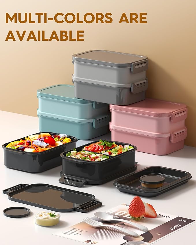 Adults Bento Lunch Box Set with Thermo Bag, 74oz Stackable Leak-proof 3-tiers Bento Box, Built-in Utensil and Sauce Container for Work, School, Dining Out (Black)