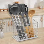 Utensil Holder for Kitchen Counter, Metal Utensil Holder Rack for Kitchen Countertop, Cooking Tools Storage for Spatula, Utensil Organizer with Marble Base, and Drainage Hole (Chrome Marble)