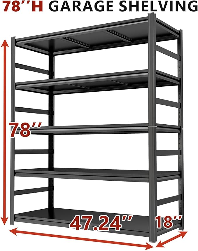 Metal Garage Shelving Unit, Heavy Duty Steel Storage Shelves, 3000 lbs Capacity, Adjustable 5-Tier Metal Shelf, Ideal for Garage, Warehouse, or Home Organization (with fence 47.24" W x 18" D x 78" H)