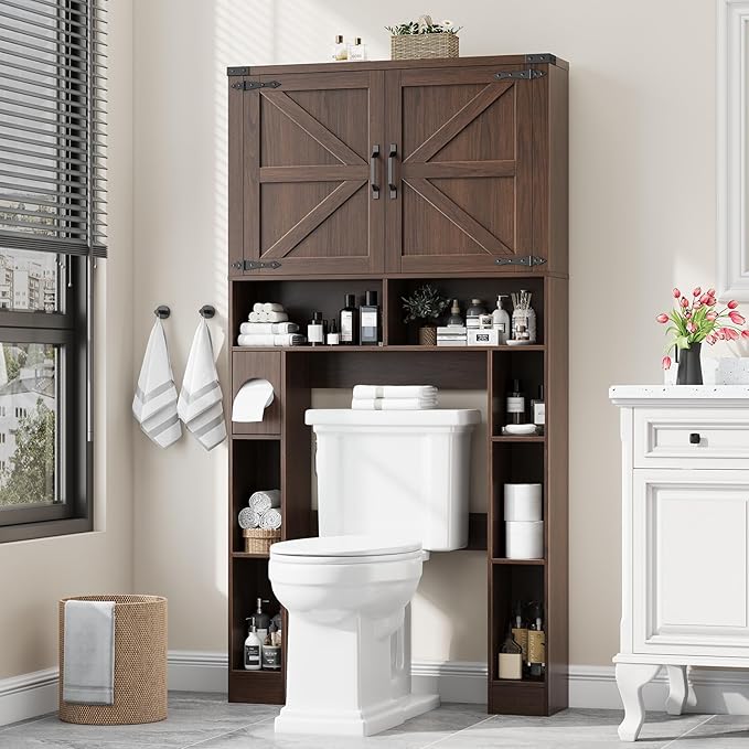 Vabches Over The Toilet Storage Cabinet, Farmhouse Storage Cabinet Over Toilet with 2 Barn Doors ，Toilet Paper Holder Stand，Home Space-Saving Toilet Rack, for Laundry, Restroom, Bathroom.Espresso.