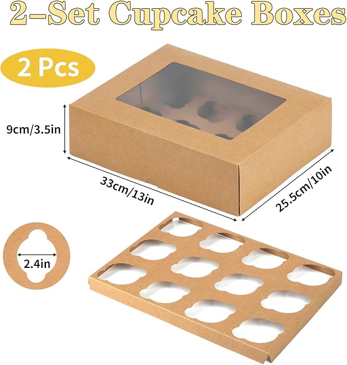Cupcake Boxes 12 Count, 2 Pack Disposable Cupcake Containers, Food Grade Cupcake Carrier with Window and Inserts, Cupcake Transport Holders Bulk for Muffins Cookies Treats Dessert（Brown）