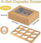 Cupcake Boxes 12 Count, 2 Pack Disposable Cupcake Containers, Food Grade Cupcake Carrier with Window and Inserts, Cupcake Transport Holders Bulk for Muffins Cookies Treats Dessert（Brown）