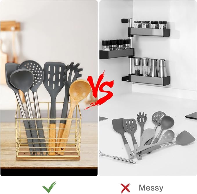 Utensil Holder for Kitchen Counter, Metal Utensil Holder Rack for Kitchen Countertop, Cooking Tools Storage for Spatula, Utensil Organizer with Wooden Base, and Drainage Hole (Gold Wooden)