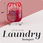 Handy Laundry Collapsible Mesh Pop Up Laundry Hamper with Side Pocket – Breathable, Space-Saving, Durable Basket for Clothes, Toys, Travel & Storage, 14 x 13 x 24 in, Red