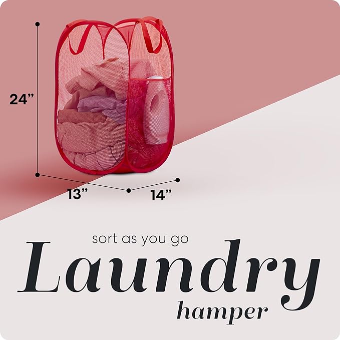 Handy Laundry Collapsible Mesh Pop Up Laundry Hamper with Side Pocket – Breathable, Space-Saving, Durable Basket for Clothes, Toys, Travel & Storage, 14 x 13 x 24 in, Red