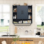 RUSTOWN Rustic Wood Wall Bathroom Cabinet, Farmhouse Medicine Cabinet Wall Mounted, Space Saving Wall Storage Cabinet with 2 Barn Door, 3-Tier Adjustable Shelves and Towel Bar(Navy Blue)