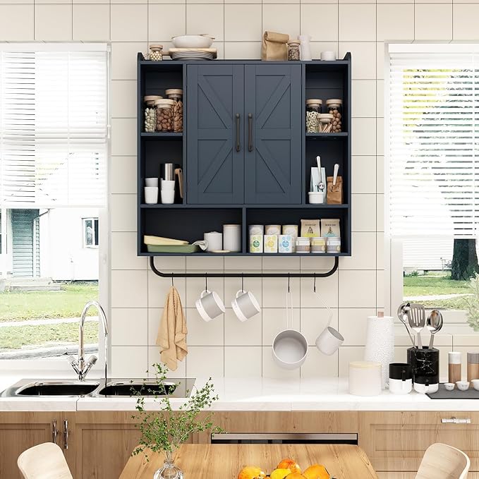 RUSTOWN Rustic Wood Wall Bathroom Cabinet, Farmhouse Medicine Cabinet Wall Mounted, Space Saving Wall Storage Cabinet with 2 Barn Door, 3-Tier Adjustable Shelves and Towel Bar(Navy Blue)
