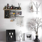 SOLIMINTR Hanging Jewelry Organizer Wall Mount Holder with Rustic Wood Shelf, Ring Display Box, Ear Studs Earring Holder, Rotating Necklace for Gothic Goth Accessories