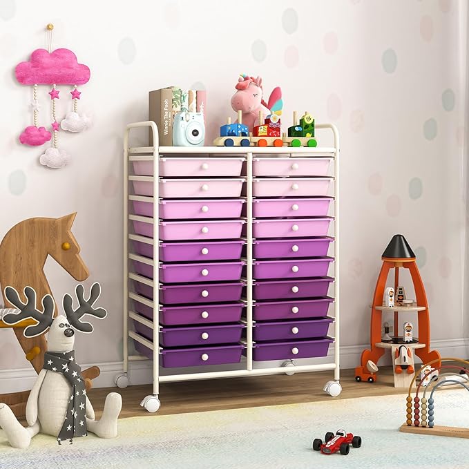 GOFLAME 20-Drawer Rolling Storage Cart, Multifunctional Art Craft Organizer Cart, Mobile Utility Storage Cart with Removable Drawers & Lockable Wheels, Craft Cart for Home Office, Purple Gradient