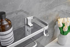 VOLPONE Glass Bathroom Shelf 15.7 in Bathroom Wall Shelf with Towel Holder Tempered Glass Shelf Wall Mount with 2 Removable Hooks Silver（1 Tier）